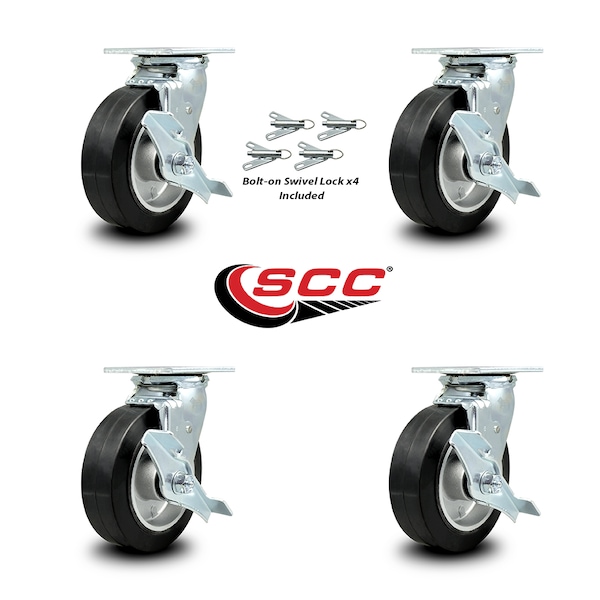 6 Inch Rubber on Aluminum Caster Set with Ball Bearings and Brake/Swivel Lock
